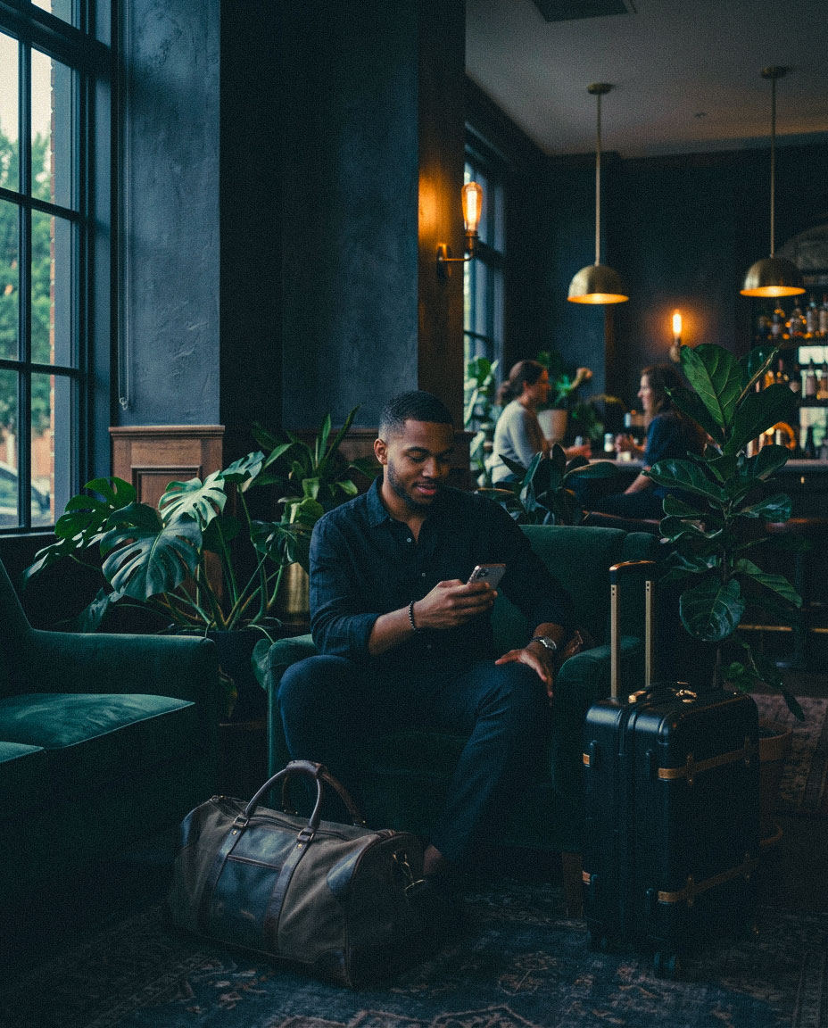 Man checking his phone in a stylish hotel lobby