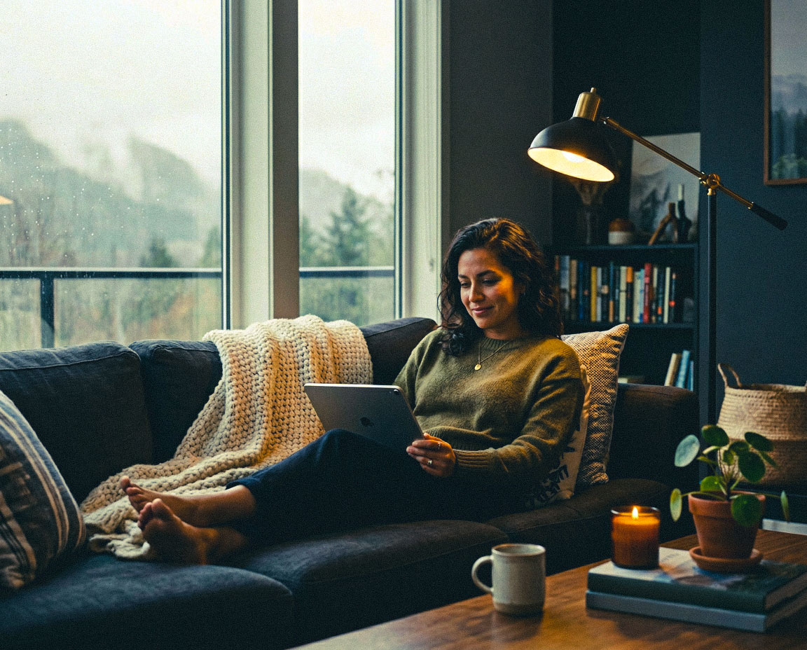 Woman relaxing on a sofa with a tablet in a cozy home
